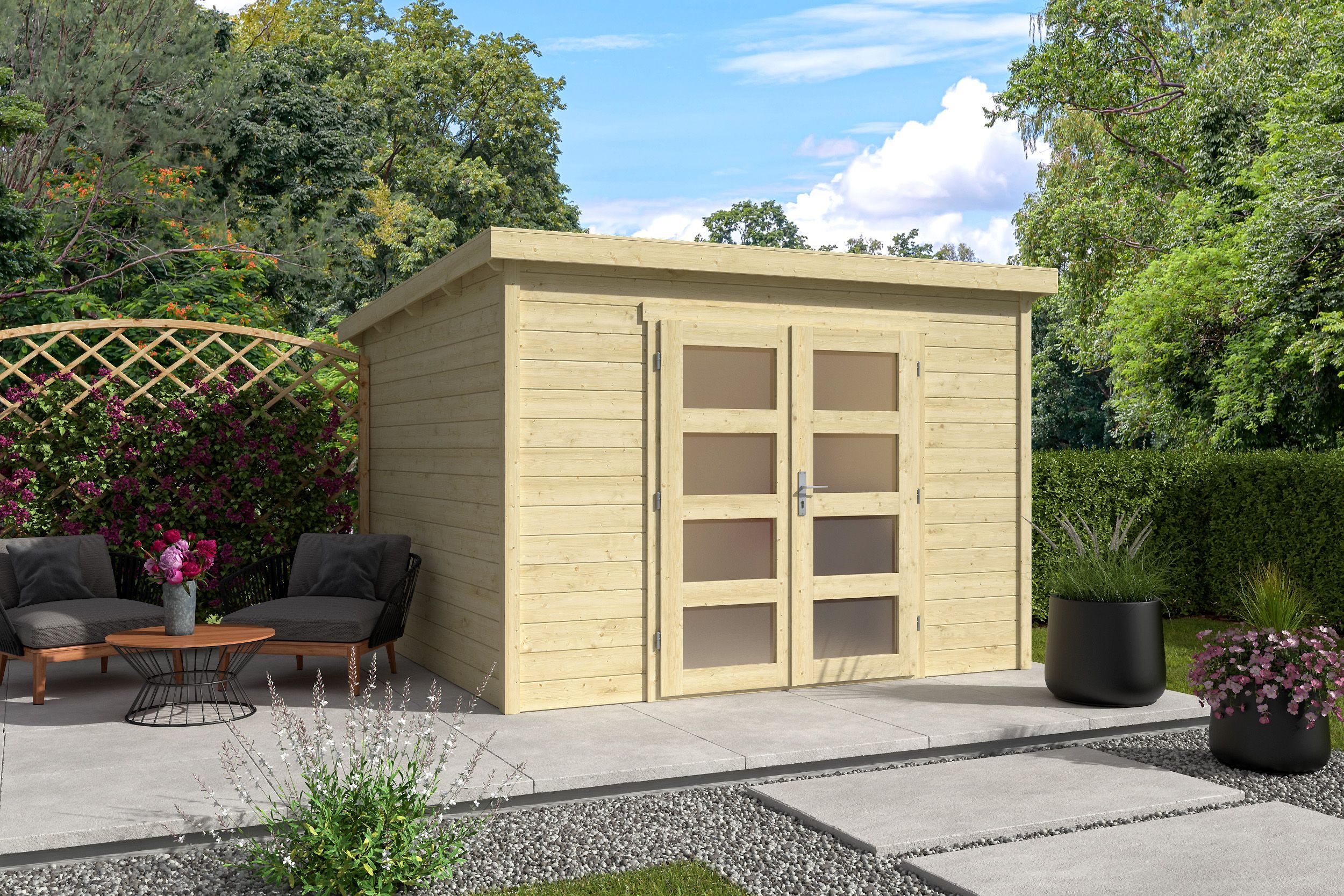 Pultdach Holzgartenhaus Modell Ella 28-C | 3x3m Unkategorisiert online kaufen Pultdach Holzgartenhaus Modell Ella 28-C | 3x3m Unkategorisiert online kaufen