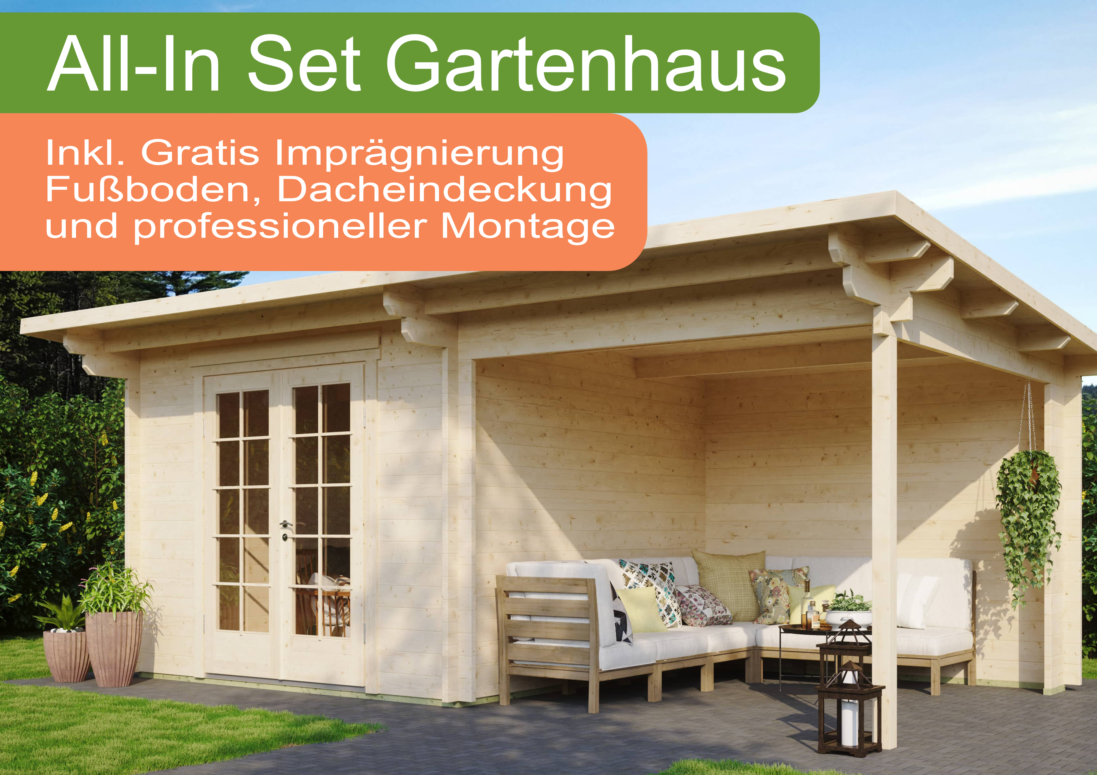 All-In Holzgartenhaus mit Terrasse inkl. Montage (wahl | 6x4m