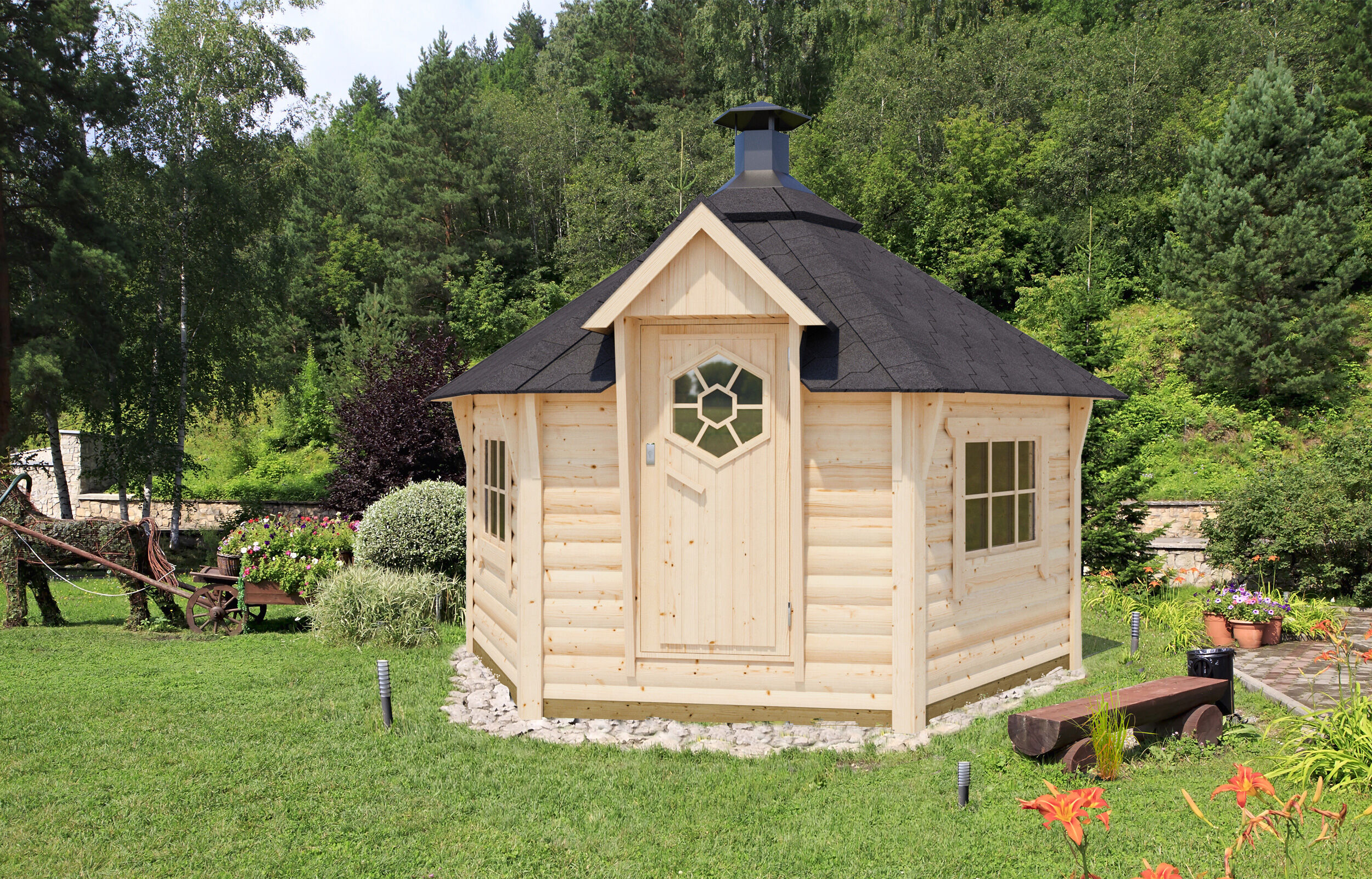 Fjordholz 6-Eck Grillkota Modell Lasse 9,0m² DeLux | 3x3m