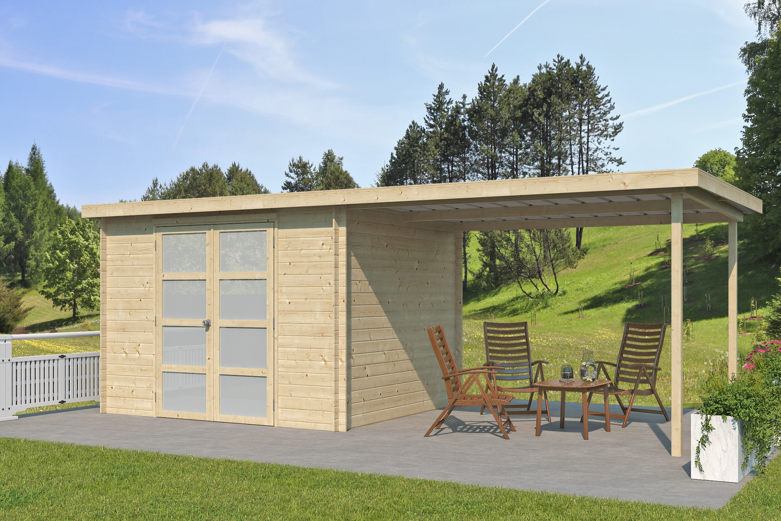 Gerätehaus Modell Umea 7,38 m² + 300 cm Anbau | 7x4m