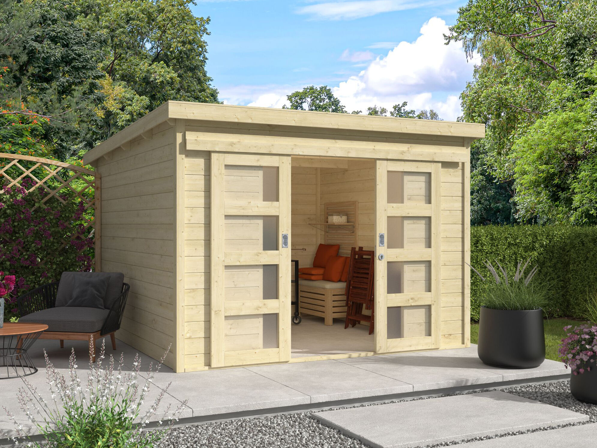 Pultdach Holzgartenhaus Modell Ella 28-C mit Schiebetü | 3x3m