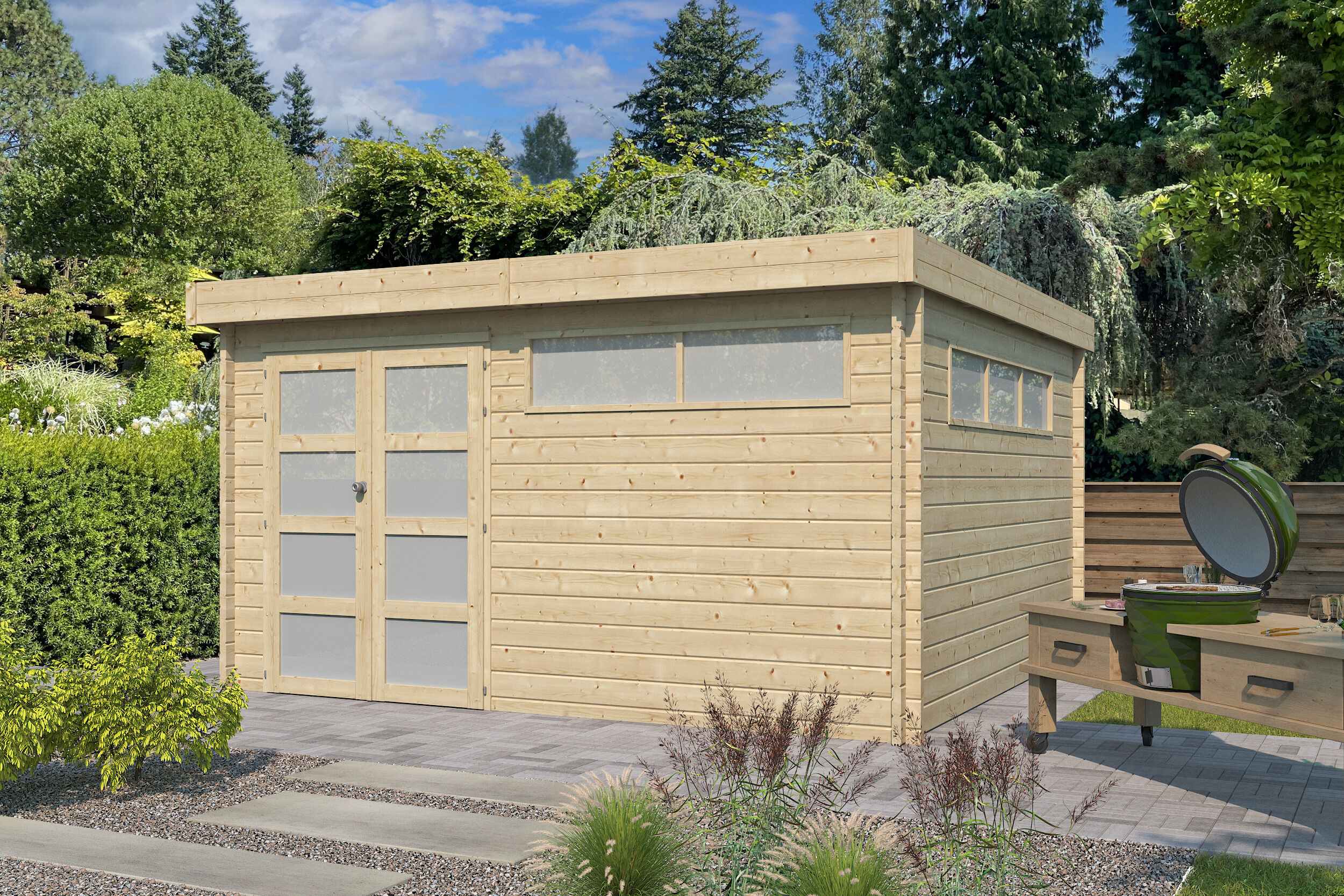 Flachdach Holzgartenhaus Modell Nelo 44 C | 5x4m