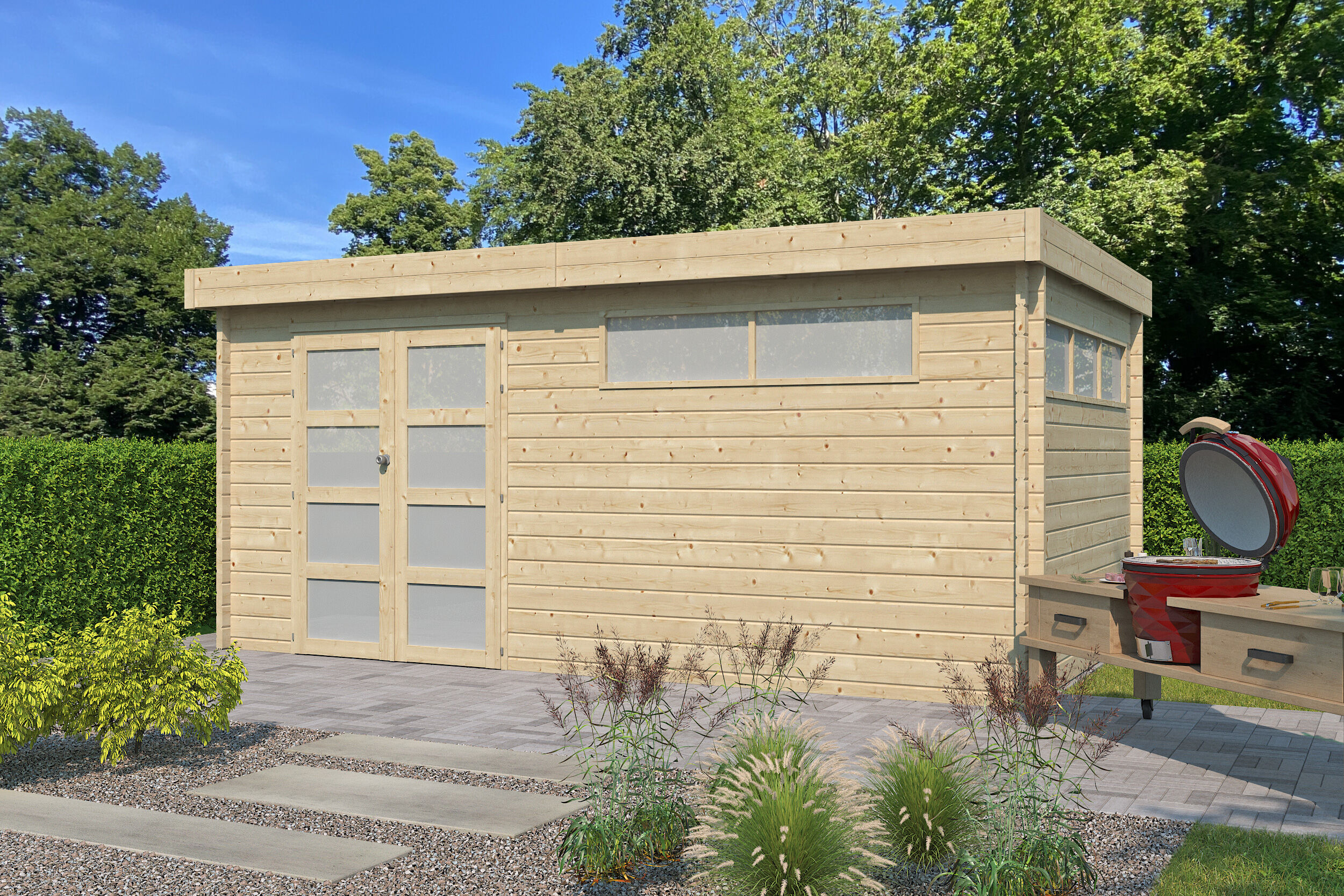 Flachdach Holzgartenhaus Modell Nelo 44 D | 6x4m