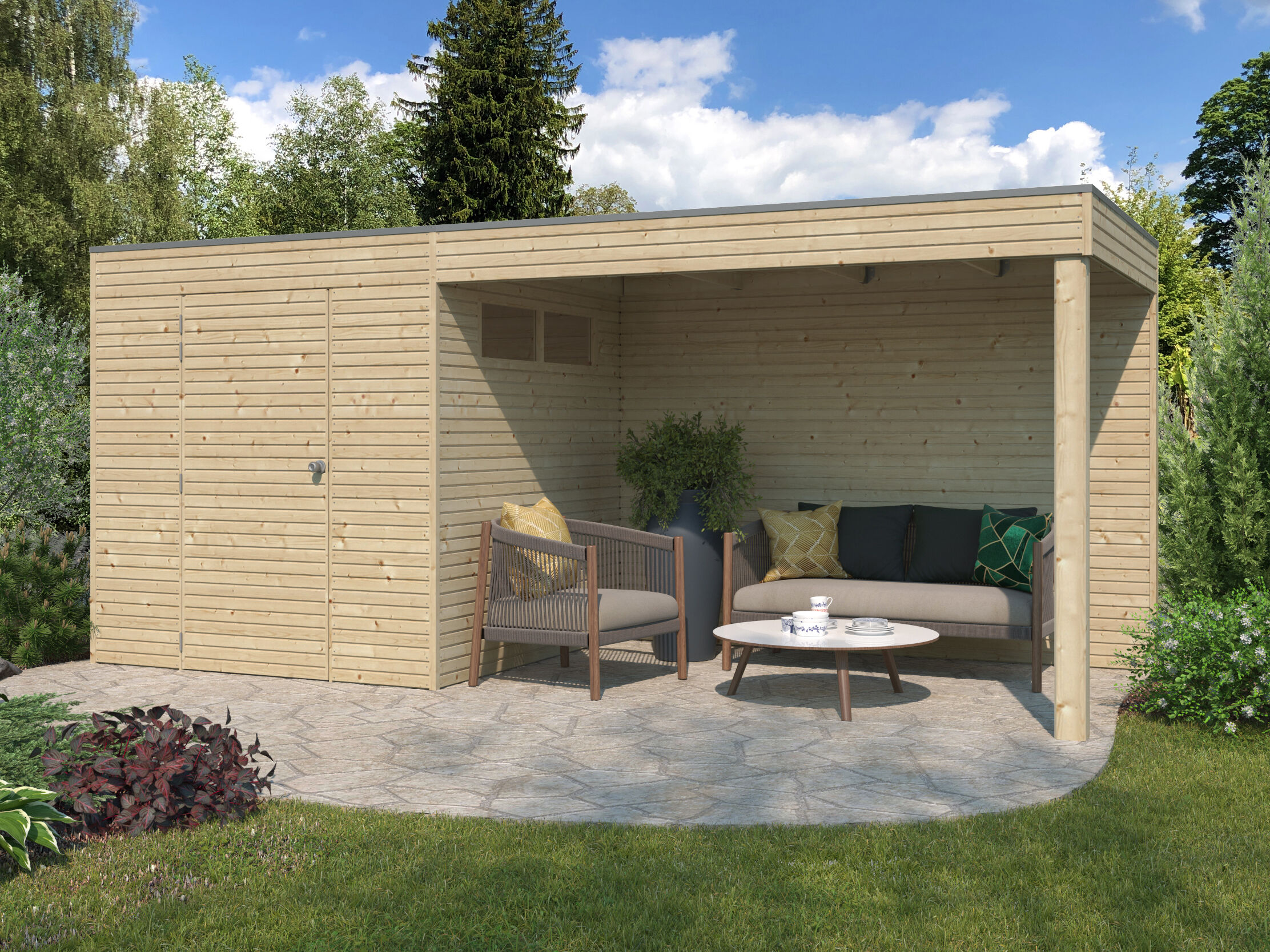 Holzgartenhaus Modell QB-Line 4,41 m² + Anbau | 4x3m