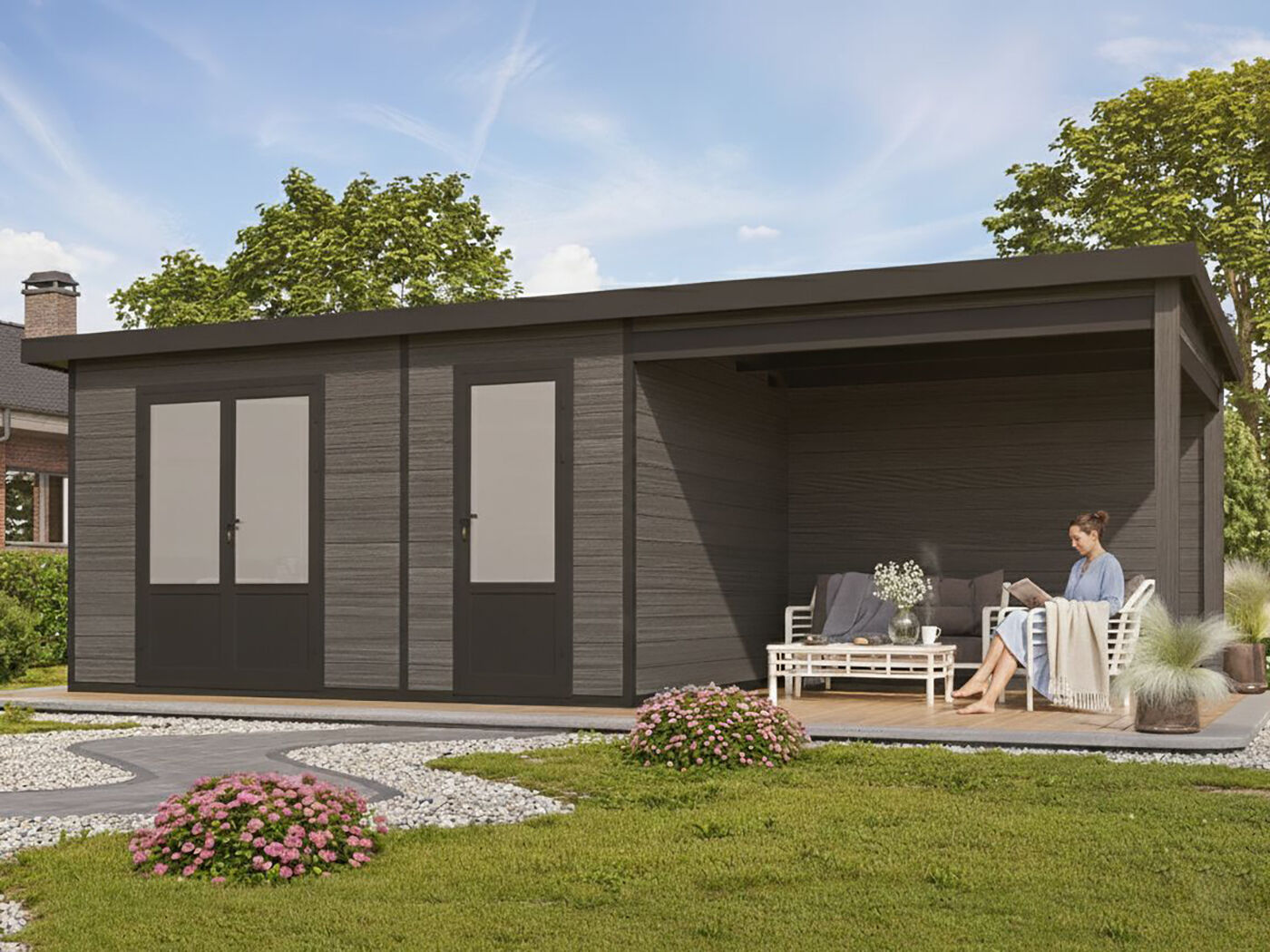 WPC Holzgartenhaus Modell Style DeLuxe 2-Raum mit Loun | 6x3m