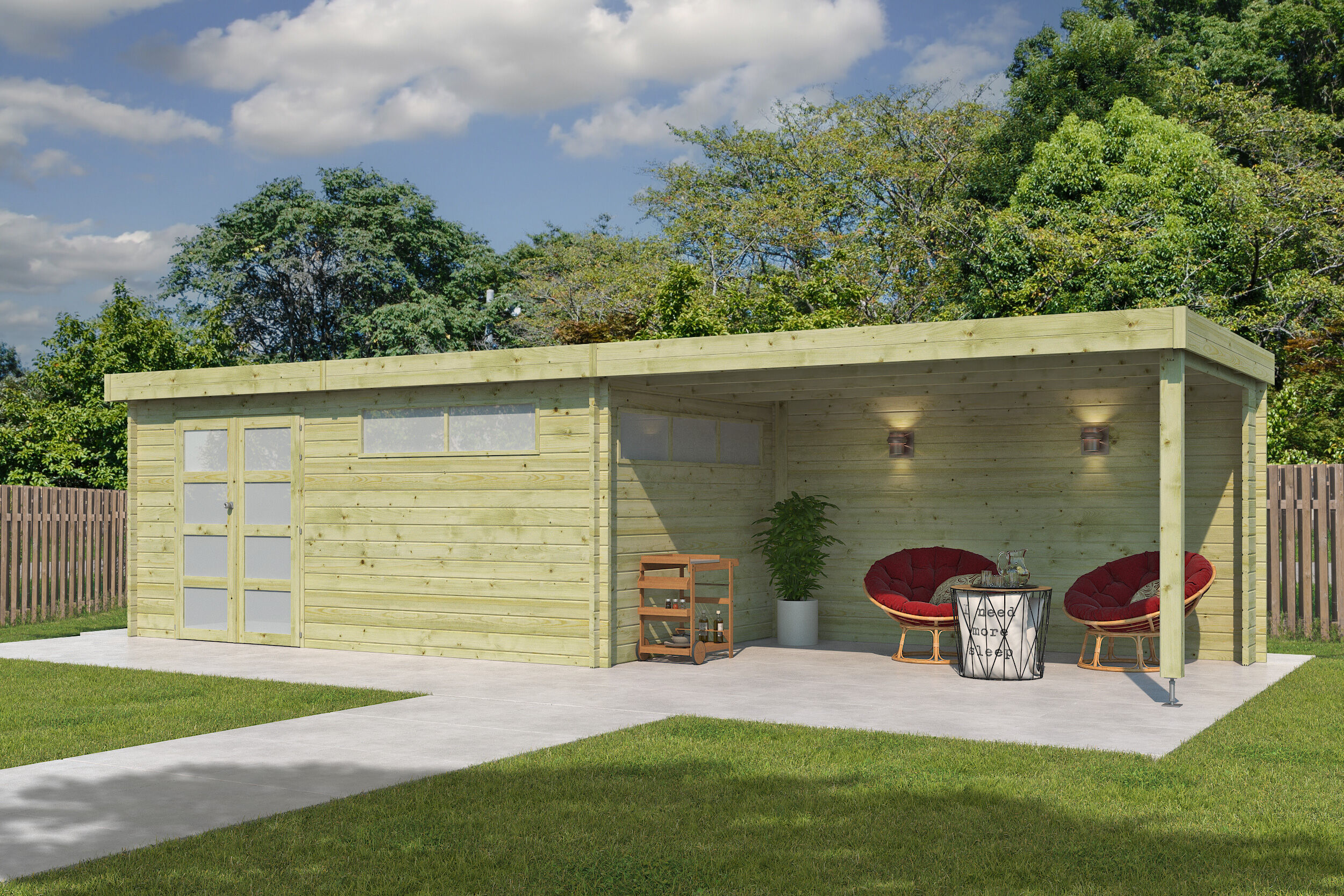 Flachdach Holzgartenhaus Modell Nelo 44 D mit 400 cm A | 7x4m